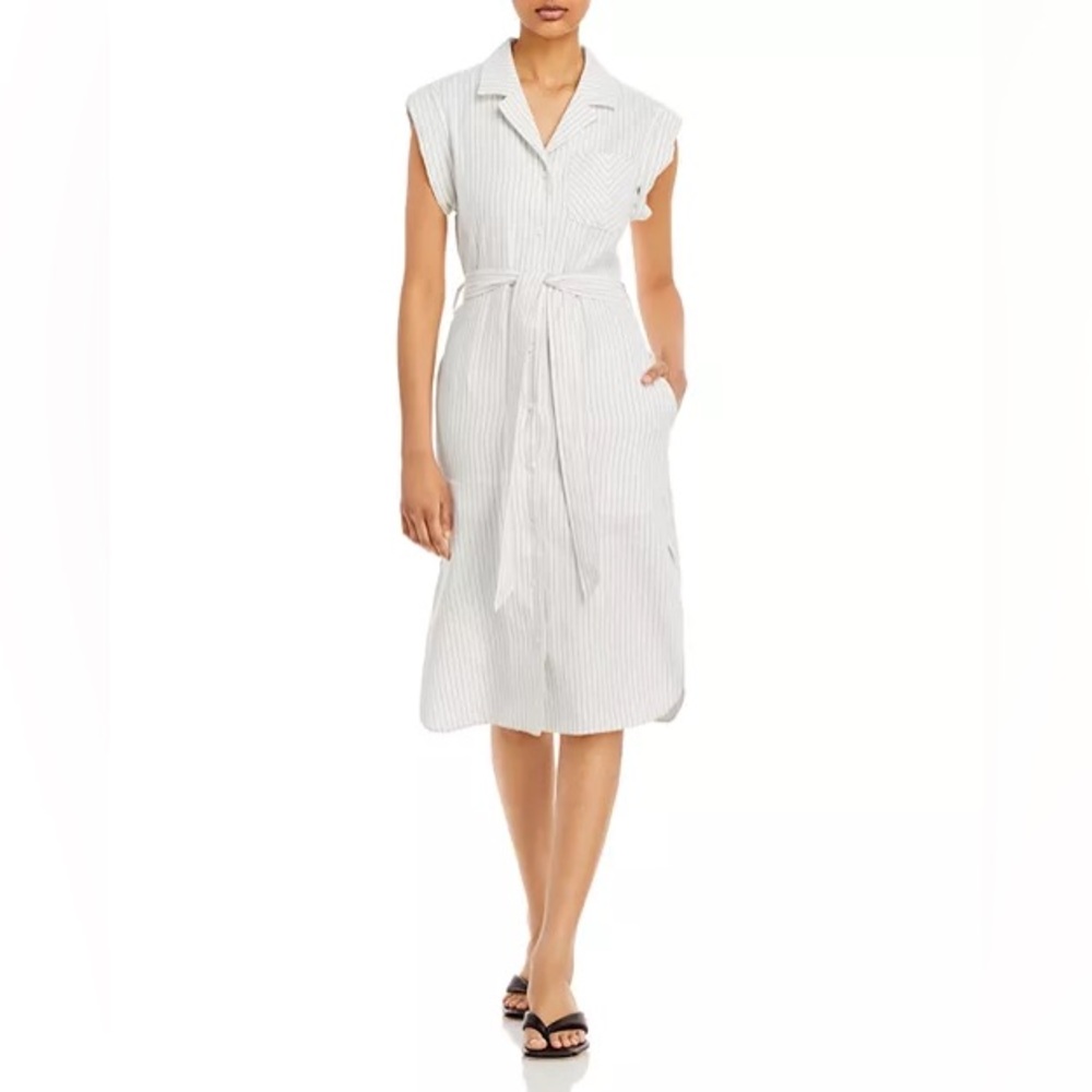 Rag & Bone Striped Collared Classic Button Down Tie Waist Sleeveless Midi Dress